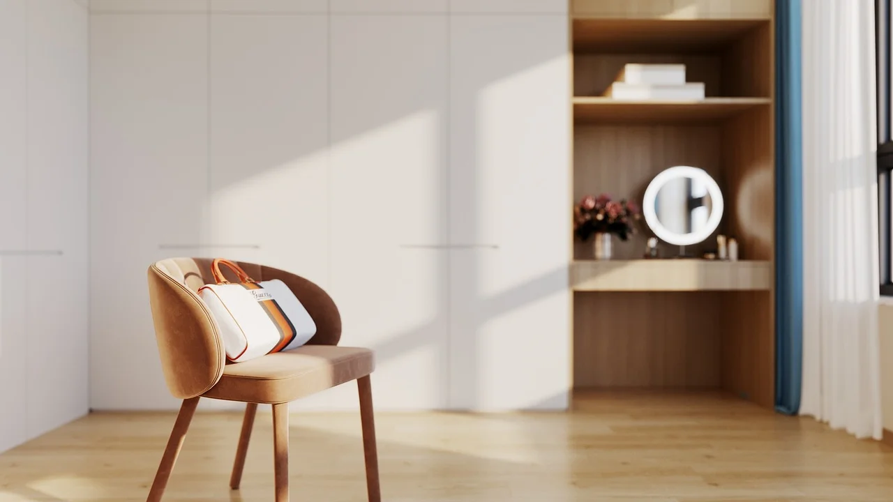 Quarto organizado com roupa de cama neutra e detalhes coloridos.