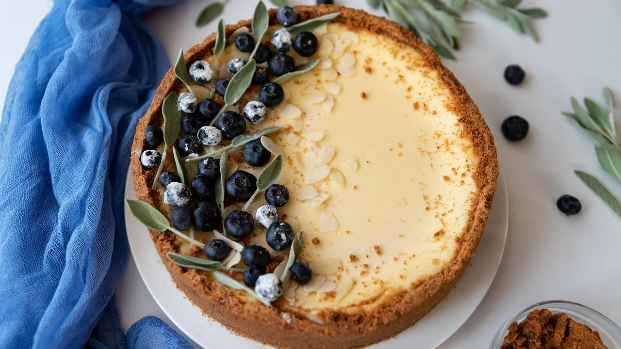 Cheesecake cremoso com cobertura brilhante de frutas vermelhas