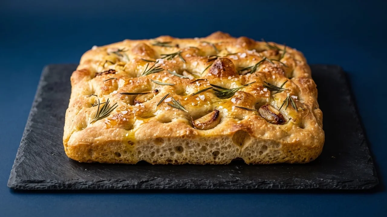 Focaccia assada em assadeira com tomates-cereja