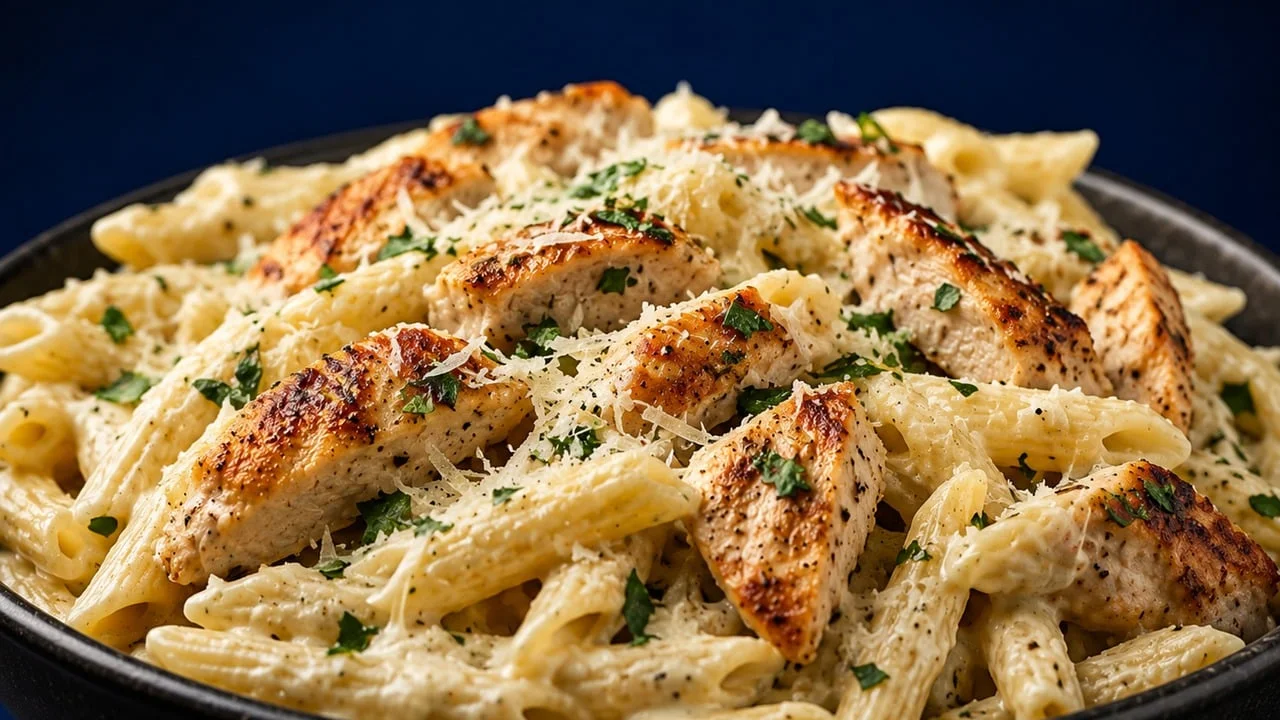 Penne envolvido em molho branco cremoso e finalizado com queijo ralado.