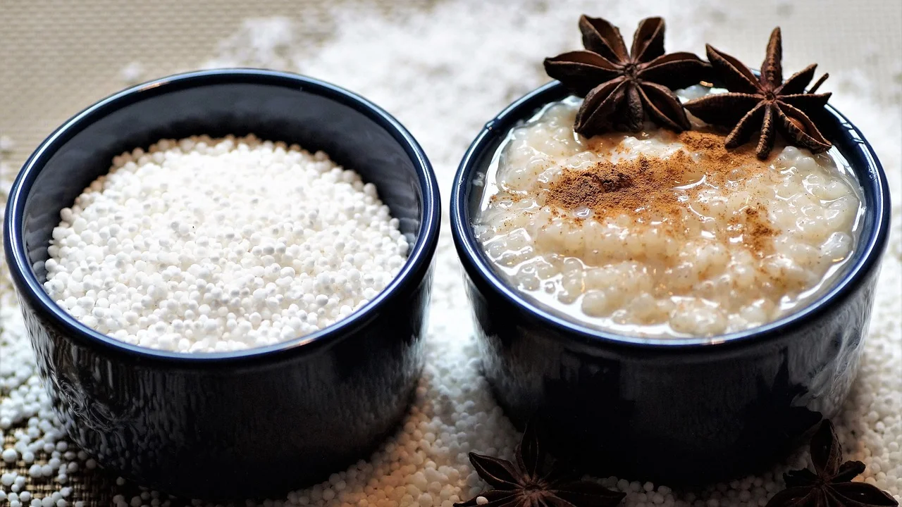 Tapioca granulada em tigela antes da hidratação.