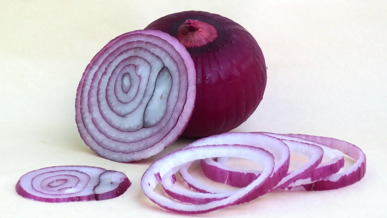 Cebola roxa fatiada para salada e vinagrete.
