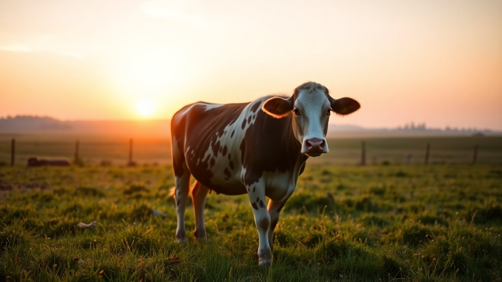 vaca no pasto ao amanhecer