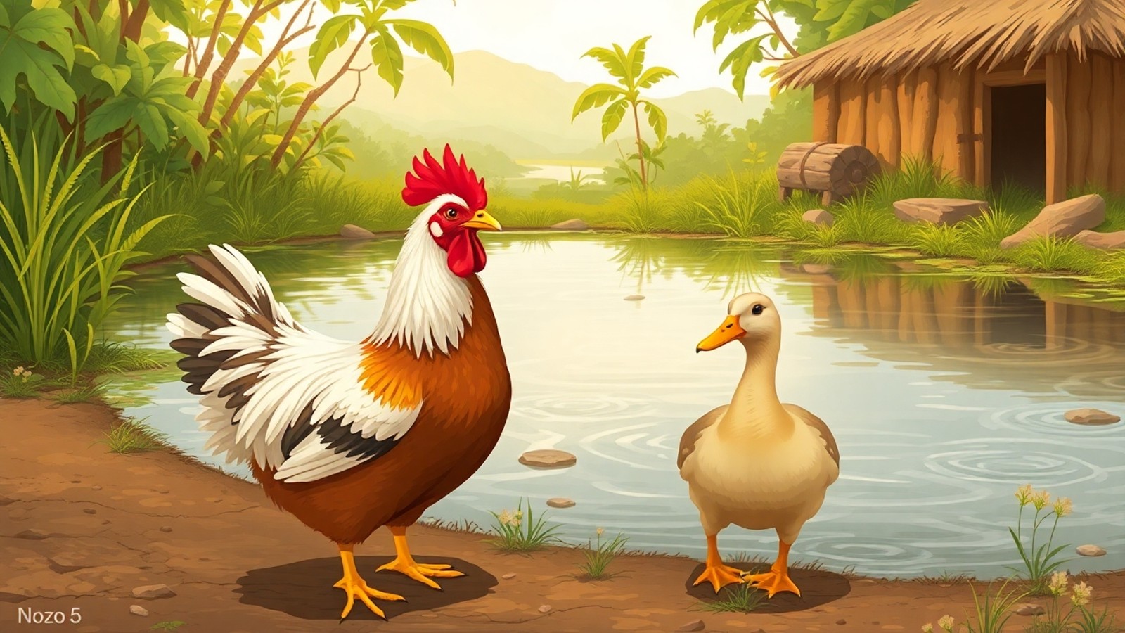 galinha e pato no lago
