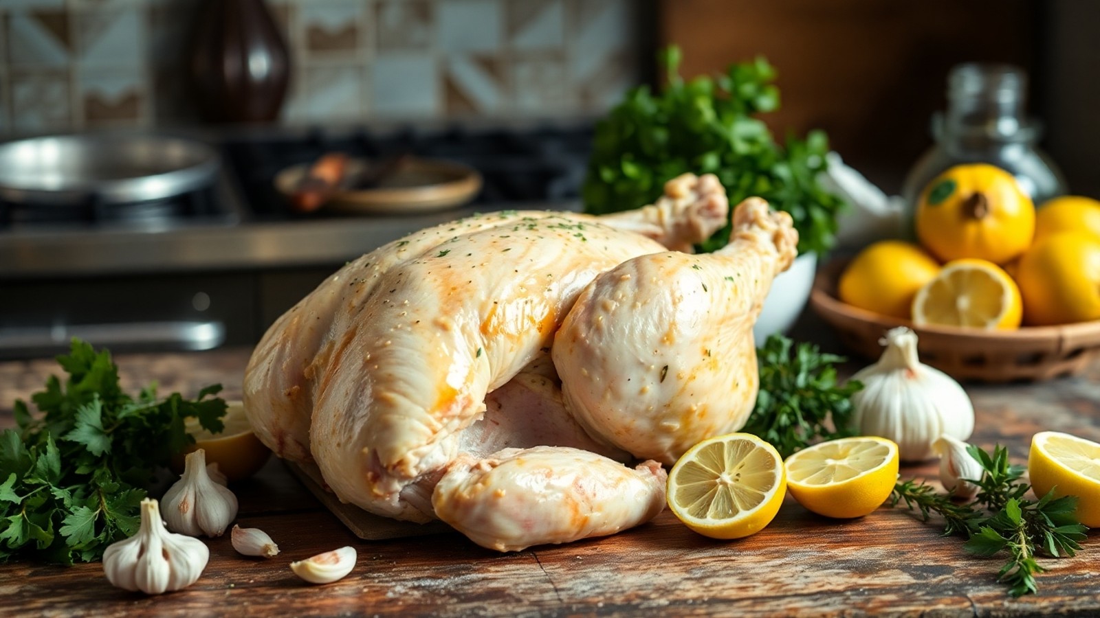 galinha inteira na cozinha rustica
