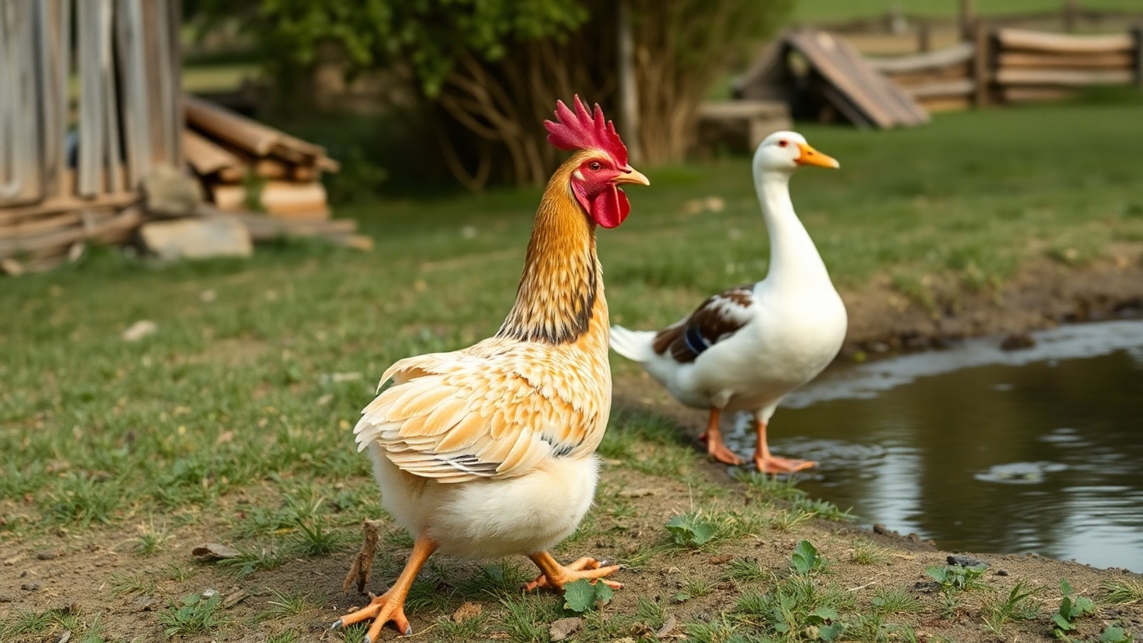 galinha seguindo pato ao lado do lago