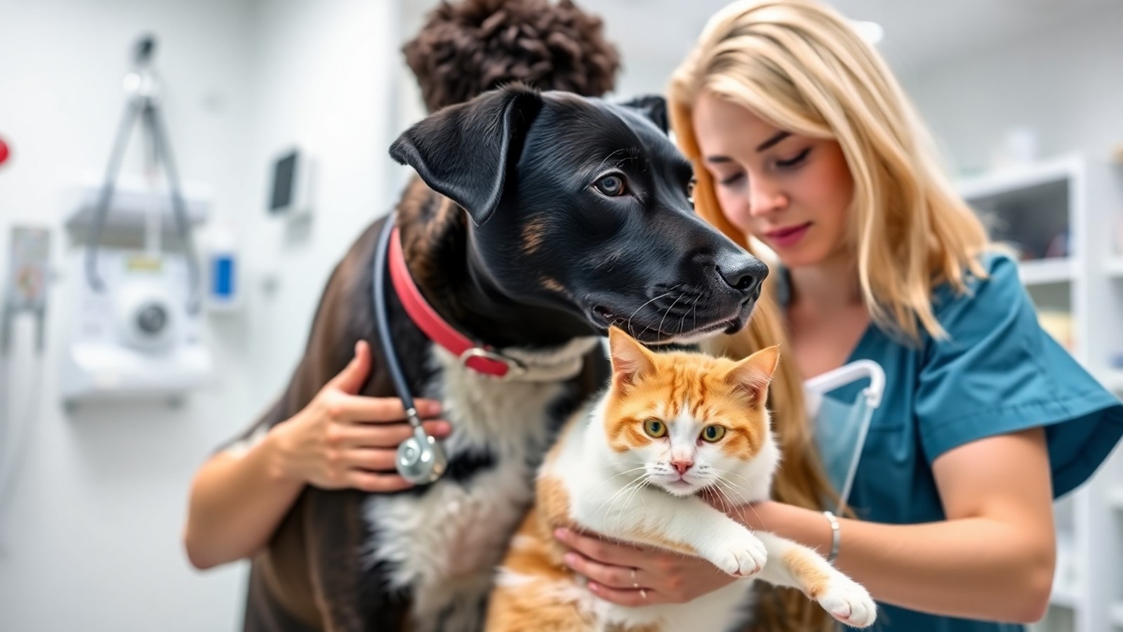 veterinario examinando cachorro e gato clinica moderna